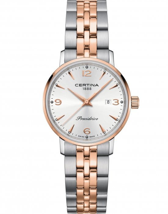 Certina Certina DS Caimano Lady C035.210.22.037.01 DS Caimano C0352102203701 кварцевые женские часы серебристый циферблат, браслет сталь c pvd покрытием — вид спереди